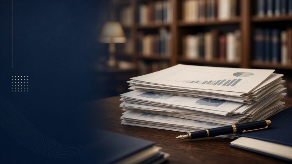 Stack of printed reports and a fountain pen in front of library shelves