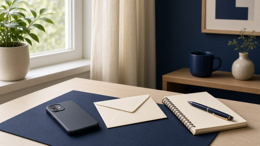 Phone, envelope and notebook on a desk by a sunny window