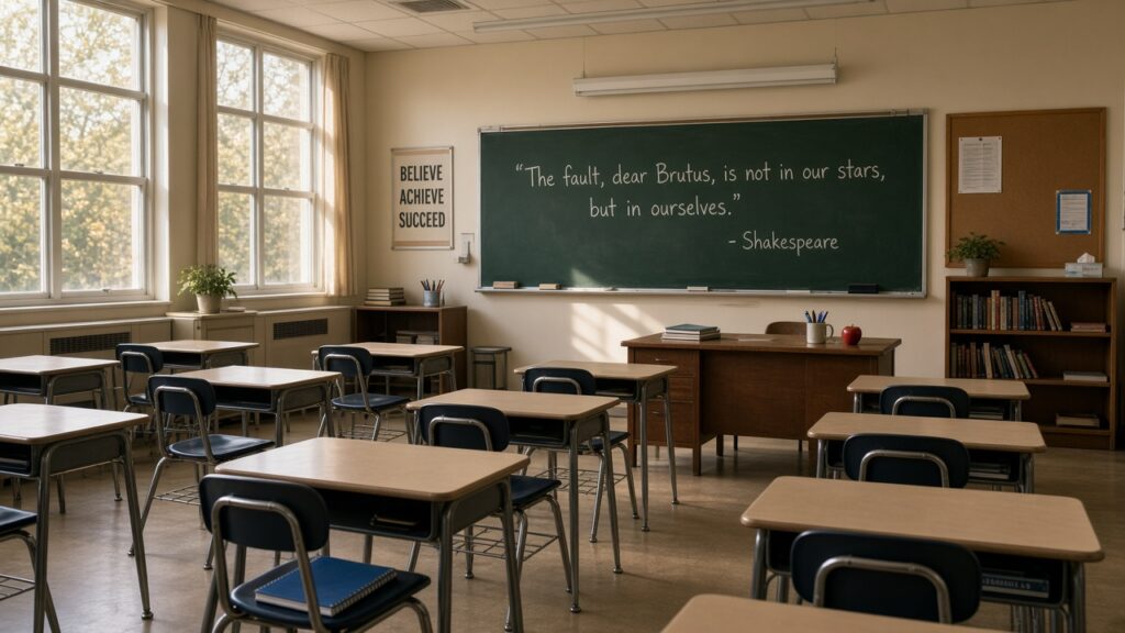 Lived-in classroom with a teacher's desk and a Shakespeare quote on the chalkboard