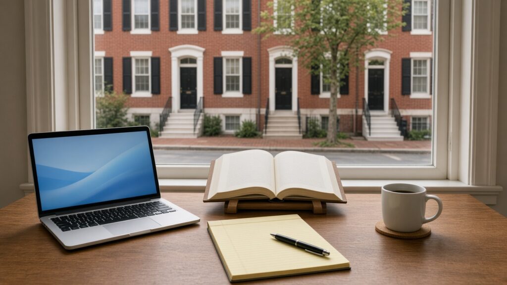 Desk with laptop, book on a stand, legal pad and coffee mug on a coaster, facing Georgetown rowhouses across the street