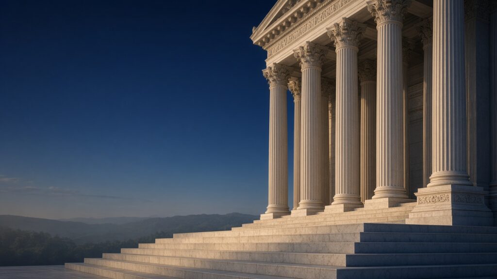 Columns and steps of a classical courthouse at dawn