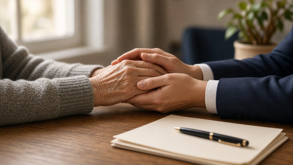 An older adult's hands held by a caregiver across a table