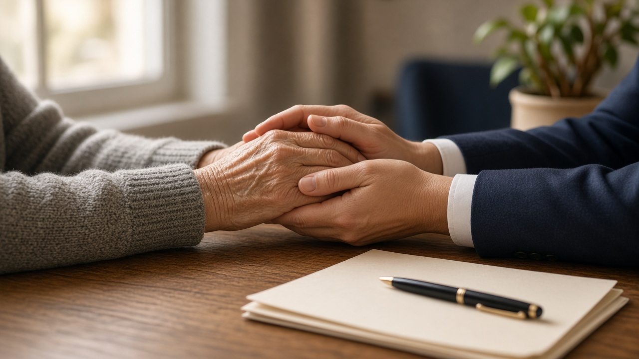 An older adult's hands held by a caregiver across a table